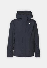 Giacca impermeabile navy con cappuccio, zip frontale e polsini elastici; presenta un piccolo logo sul petto sinistro e una texture liscia.