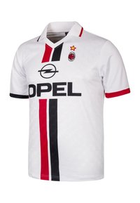 Witte voetbalshirt met een gestructureerd patroon, rode en zwarte verticale strepen, zwart "OPEL" logo en AC Milan-embleem met een ster.