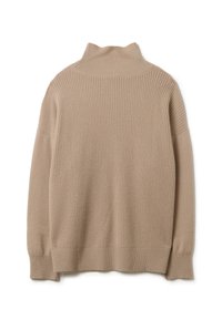 Beige gerippter Rollkragenpullover mit langen Ärmeln und lockerer Passform sowie einem strukturierten Muster. Strickstoff mit weichem Finish.
