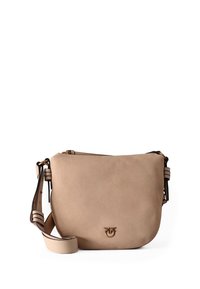 Beežist pehmest seemisnahast ristkorpusega kott kumeras vormis, reguleeritava rihma ja kuldse tooniga metalldetailidega. Sile tekstuur ja minimaalne väliskujundus.