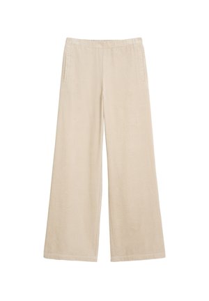 Beige wijde broek gemaakt van gestructureerde corduroy met een elastische tailleband en twee zijzakken.
