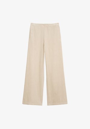 Beige weit geschnittene Hose aus strukturiertem Cord mit elastischem Bund und zwei Seitentaschen.