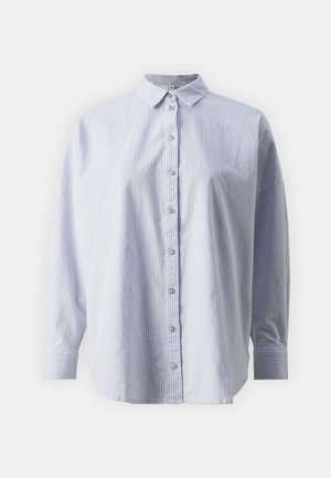 Striped blue and white button-up shirt with a collar, loose fit, and long sleeves. Features button-up front and cuffed sleeves.