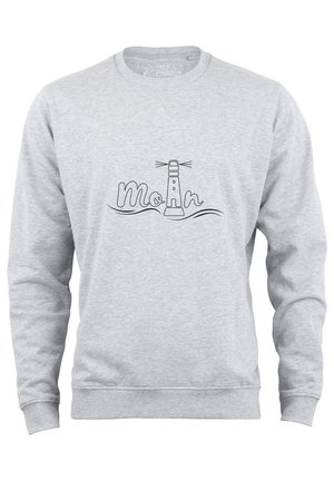 Gray sweatshirt with a crew neckline, featuring black lighthouse illustration and the word "Moin" in a playful font. Soft fabric texture.