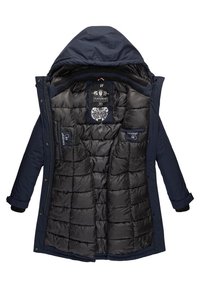 Navy puffer jacket with a hood, featuring a quilted black lining, dual interior pockets, and branded tags inside. Soft outer material.
