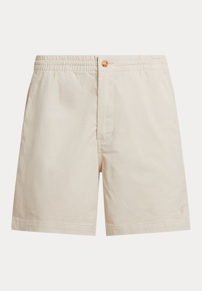 Men's light beige shorts made of cotton blend, featuring an elastic waistband, a button closure, and a single logo near the hem.