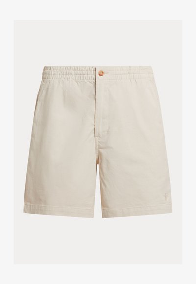 Men's light beige shorts made of cotton blend, featuring an elastic waistband, a button closure, and a single logo near the hem.