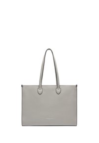 Sac fourre-tout en cuir gris avec deux poignées supérieures, forme rectangulaire, texture lisse et logo discret embossé sur le devant. Design minimaliste.