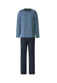 Langemouwen blauwe top met een borstzak, gecombineerd met donkerblauwe broek. Zachte stof, losse pasvorm en eenvoudig ontwerp.