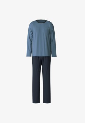 Long-sleeve blue top with a chest pocket, paired with dark navy pants. Soft fabric, relaxed fit, and simple design.