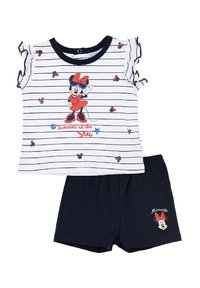 Top de manga corta a rayas con mangas con volantes y gráfico de un personaje, combinado con pantalones cortos sólidos de color azul marino con un detalle bordado.
