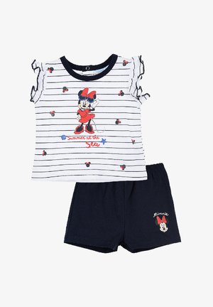 Korte mouwen gestreepte top met ruches aan de mouwen en een afbeelding van een personage, gecombineerd met effen marineblauwe shorts met een geborduurd detail.