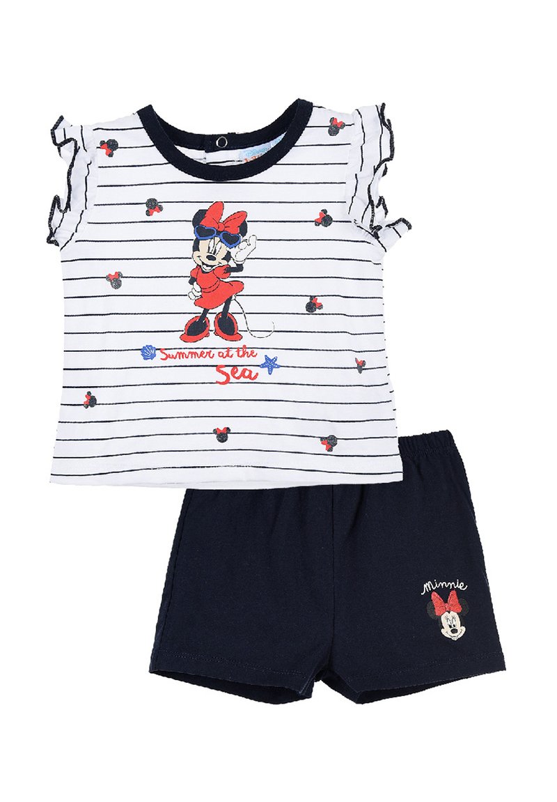 Top de manga corta a rayas con mangas con volantes y gráfico de un personaje, combinado con pantalones cortos sólidos de color azul marino con un detalle bordado.