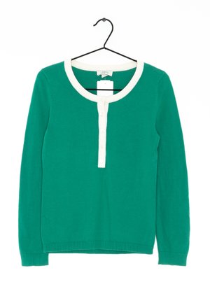 Maglione verde a maniche lunghe con colletto tondo bianco e pattina con bottoni. Realizzato in un tessuto liscio, presenta polsini e orlo a costine.