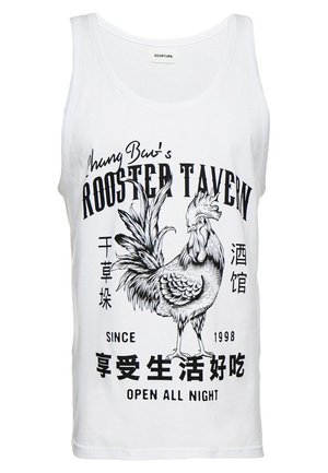 Débardeur blanc avec illustration d'un coq noir et texte "Rooster Tavern", caractères chinois, "Depuis 1998", et "Ouvert toute la nuit."
