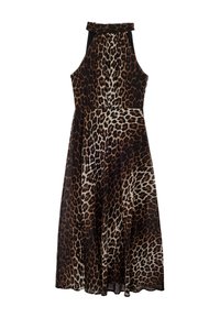 Robe en imprimé léopard avec un design à encolure halter, dotée d'un corsage ajusté et d'une jupe fluide. Fabriquée en tissu léger avec une texture lisse.