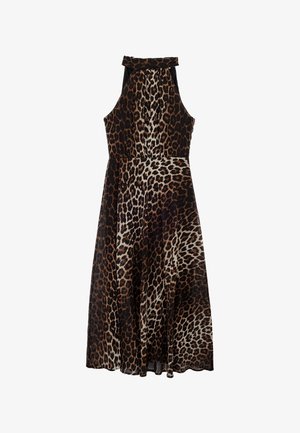 Kjole med leopardprint og halterneck-design, der har en tætsiddende overdel og en svajende skørtevf. Den er lavet af letvægtsstof med en glat tekstur.