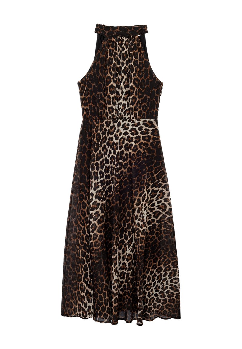 Robe en imprimé léopard avec un design à encolure halter, dotée d'un corsage ajusté et d'une jupe fluide. Fabriquée en tissu léger avec une texture lisse.