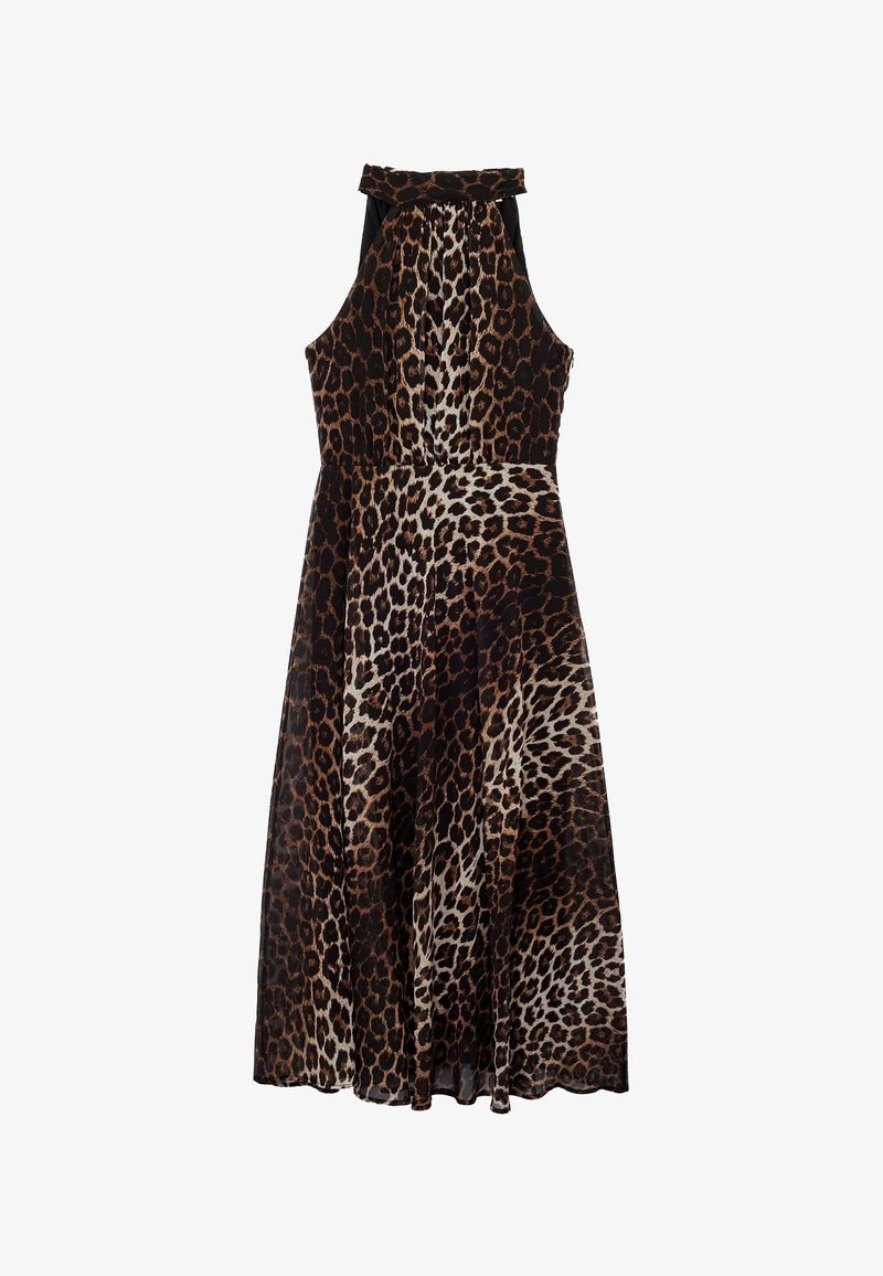 Leopardmuster-Kleid mit Halterneck-Design, ausgestattet mit einem taillierten Oberteil und einem fließenden Rock. Hergestellt aus leichtem Stoff mit einer glatten Textur.