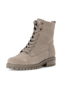 Stivale alla caviglia in suede grigio con punta arrotondata, chiusura con lacci, tacco piccolo e suola in gomma texturizzata. Presenta cuciture decorative e occhielli.