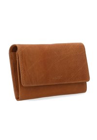 Brązowy skórzany portfel o fakturowanej powierzchni, składanej konstrukcji i tłoczonym logo. Kompaktowy kształt odpowiedni do codziennego użytku.