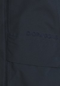 Navy blue jacket fabric with smooth texture; features the embroidered brand name "Didriksons" in dark blue. Simple design, no prominent patterns.
