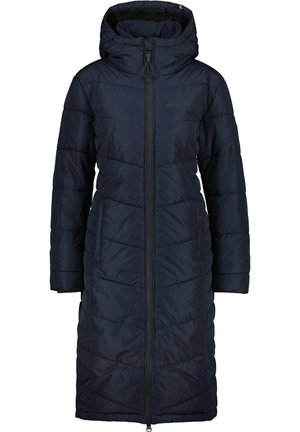 Langer, navyblauer, gesteppter Wintermantel mit Kapuze, Frontreißverschluss, Seitentaschen und dezentem Logo auf der Brust.
