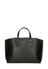 Zwarte tote bag van glad, mat leer. Beschikt over twee bovenhandvatten en zilverkleurige hardware accenten. Eenvoudig, gestructureerd ontwerp zonder versieringen.