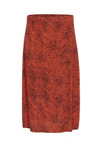 Jupe rouge avec un motif abstrait noir, texture de tissu lisse et coupe droite avec une taille confortable.