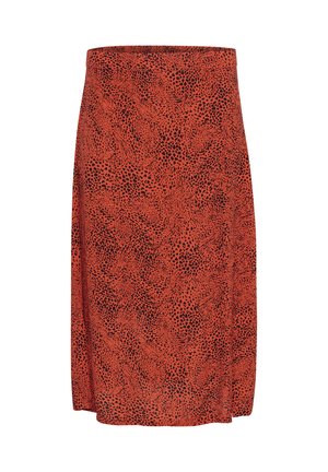 Roter Rock mit einem schwarzen abstrakten Muster, glatter Stofftextur und geradem Schnitt mit einem bequemen Bund.