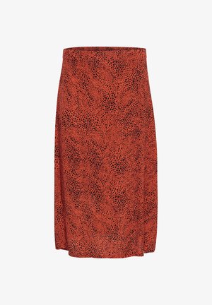 Roter Rock mit einem schwarzen abstrakten Muster, glatter Stofftextur und geradem Schnitt mit einem bequemen Bund.