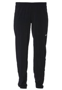 Black athletic pants with an elastic waistband, soft fabric, tapered legs, and a white Nike logo on the left side. Lightweight and breathable design.