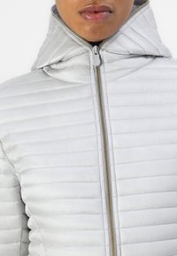Helle graue, isolierte Jacke mit gepolsterter Gestaltung, hohem Kragen und goldenen Reißverschluss. Sie besitzt horizontale Nahtführung und eine strukturierte Oberfläche.