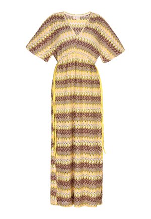 Maksimālais kleita ar zīzagveida rakstu brūnā, dzeltenā un rozā krāsā. Īsas piedurknes, V veida dekoltē un regulējama saite jostasvietā. Viegls audums.