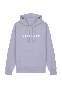 Felpa leggera color lavanda con coulisse, tasca frontale e la parola "VALIDATE" stampata in bianco sul petto. Tessuto morbido.