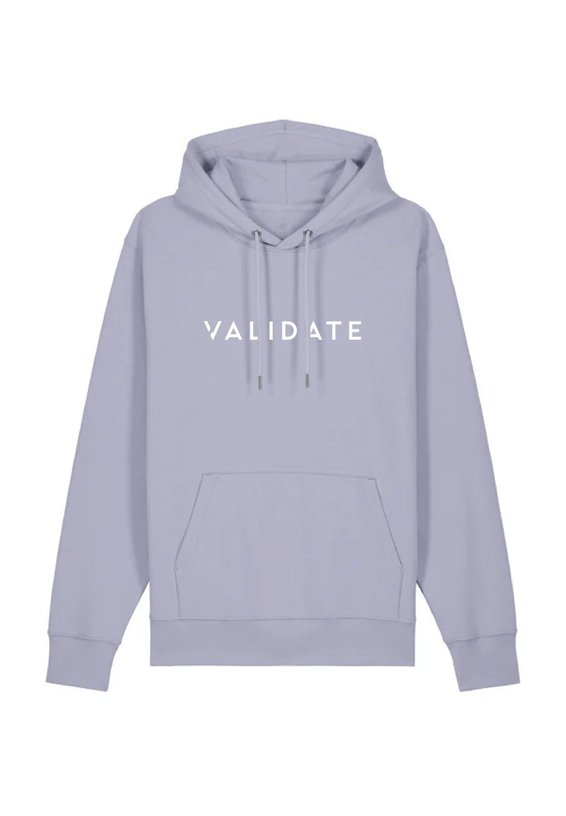 Felpa leggera color lavanda con coulisse, tasca frontale e la parola "VALIDATE" stampata in bianco sul petto. Tessuto morbido.