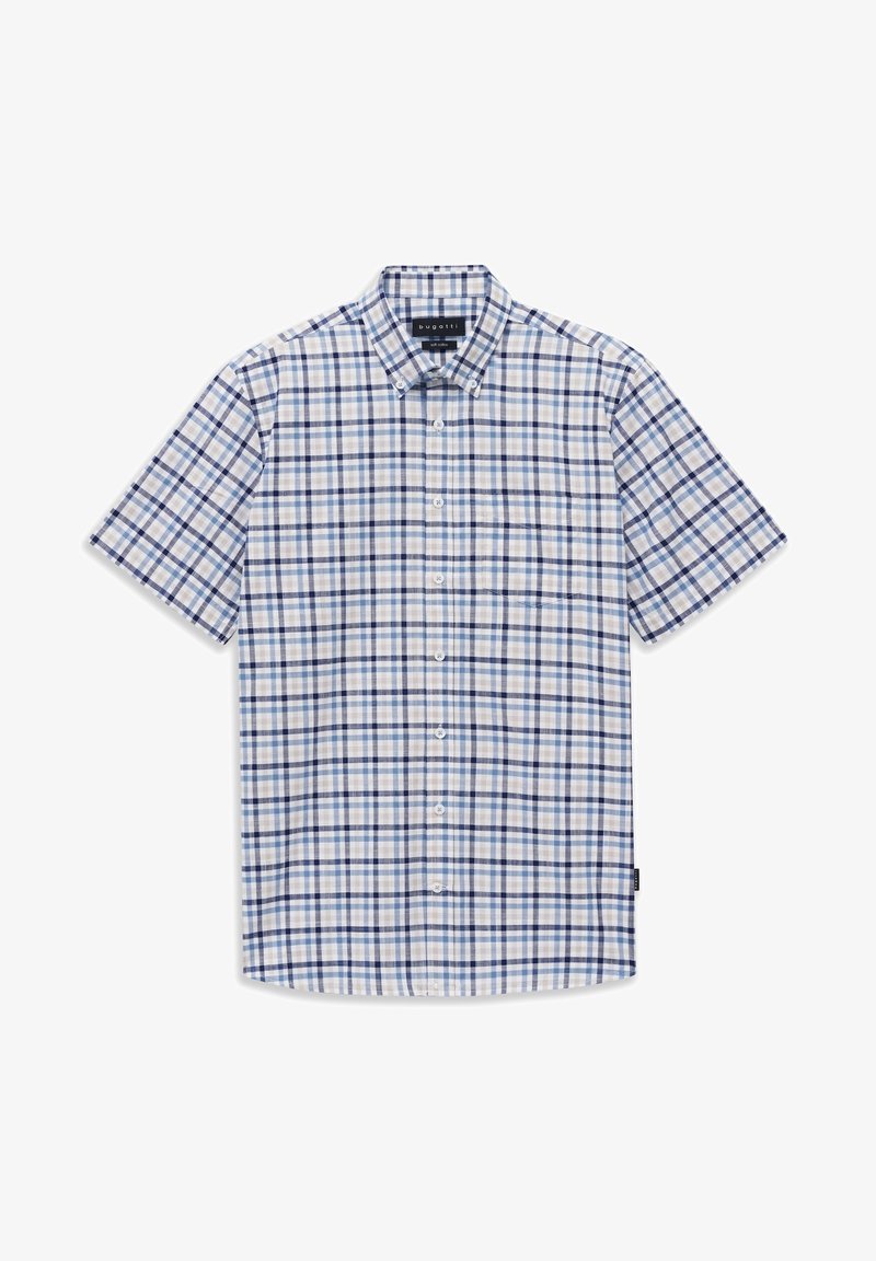 Kurzarmhemd aus Baumwolle, mit blau-weißem Karomuster, Knopfleiste und einer Brusttasche.