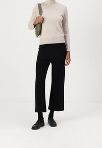 Stickad beige polotröja kombinerad med svarta vida byxor och svarta loafers. Modellen håller en liten olivgrön väska.