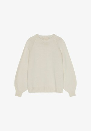 Krem pulover iz pletenine z okroglo ovratnico, raglan rokavi in ribanim spodnjim robom. Tkanina se zdi mehka z teksturirano površino.