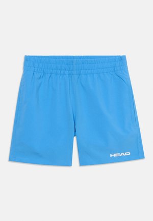 Pantaloni scurți atletici albaștri cu talie elastică, buzunare laterale și logo alb „HEAD” pe tivul piciorului stâng.