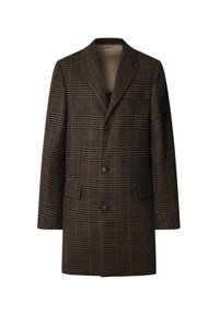 Abrigo de lana a cuadros marrón para hombre con solapas de muesca, tres botones negros y dos bolsillos frontales con solapa, mostrado sobre fondo blanco.