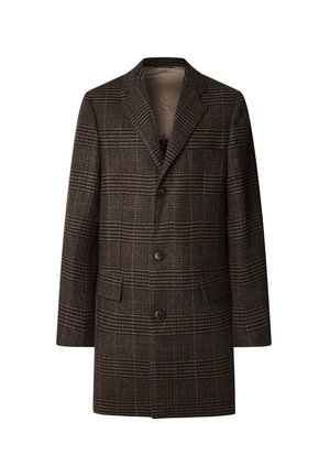 Heren bruin geruit wollen jas met notch revers, drie zwarte knopen en twee voorzakken met klep, weergegeven op een witte achtergrond.
