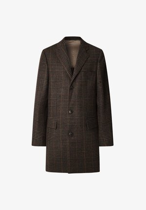 Muška smeđa plađena vuna kaput s izrezanim reverima, tri crna dugmeta i dva prednja džepa s preklopom, prikazan na bijeloj pozadini.