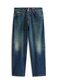 Jeans in denim di colore blu scuro con macchie sbiadite, taglio dritto, cinque tasche e un'etichetta con il marchio alla vita. Dettagli di cuciture a contrasto.