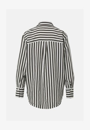 Schwarz-weißt gestreiftes, vertikal gestreiftes Hemd mit geknöpftem Manschette, einem Rückenfalten und abgerundetem Saum, aus leichtem Stoff gefertigt.