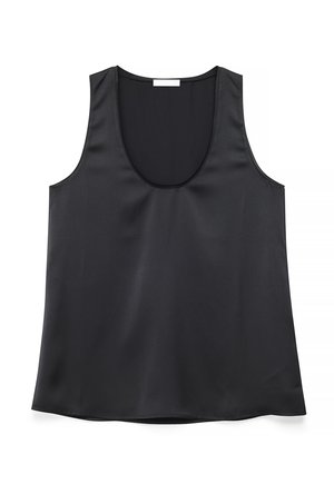 Mustast satiinist varrukateta top, millel on ümara kaeluse ja lõdva istuvusega lõige, esitletud valgel taustal.