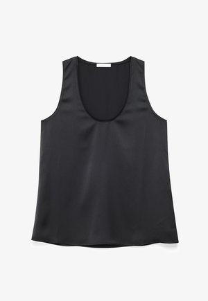 Musta hihaton satiinitankkitoppi, jossa on pyöreä pääntie ja rento istuvuus, esillä valkoisella taustalla.