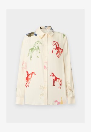 Cremefarvet langærmet skjorte med knapper og flerfarvede akvarelprints af heste i rød, grøn, pink og blå.