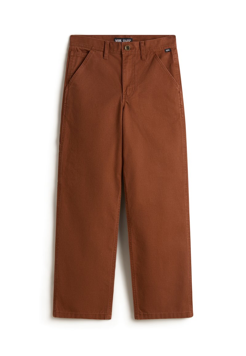 Pantaloni in cotone marrone con design a gamba dritta, dotati di due tasche frontali, chiusura a bottone e una trama sottile.