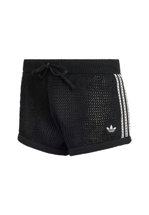 Zwarte mesh shorts met elastische tailleband, trekkoord en witte streepdetails aan de zijkanten. Voorzien van het Adidas-logo in het wit.
